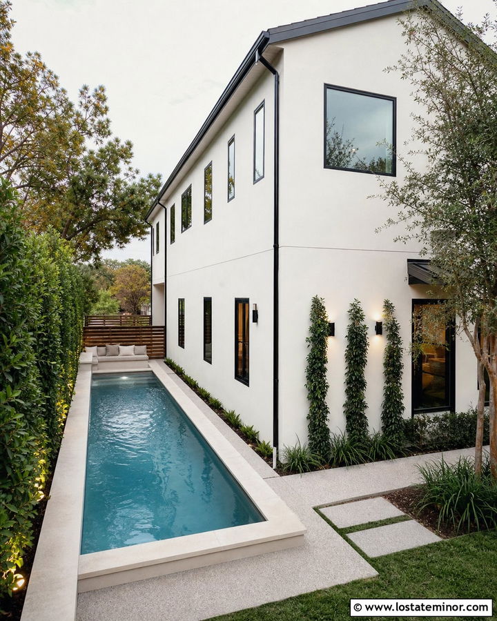Warm White House With Narrow Side Yard Pool - 30 Warm White House Design With Swimming Pool Ideas