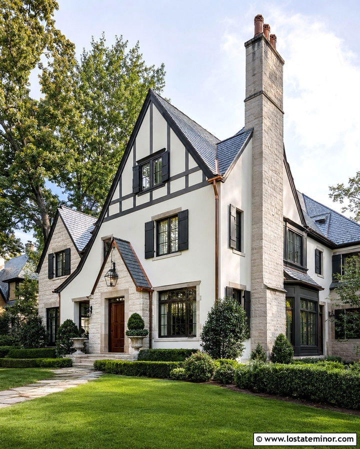 Warm White House With Natural Slate Roof - 30 Warm White House Design With Roof Ideas