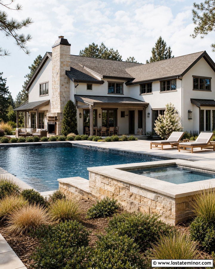 Warm White House With Natural Stone Pool - 30 Warm White House Design With Swimming Pool Ideas