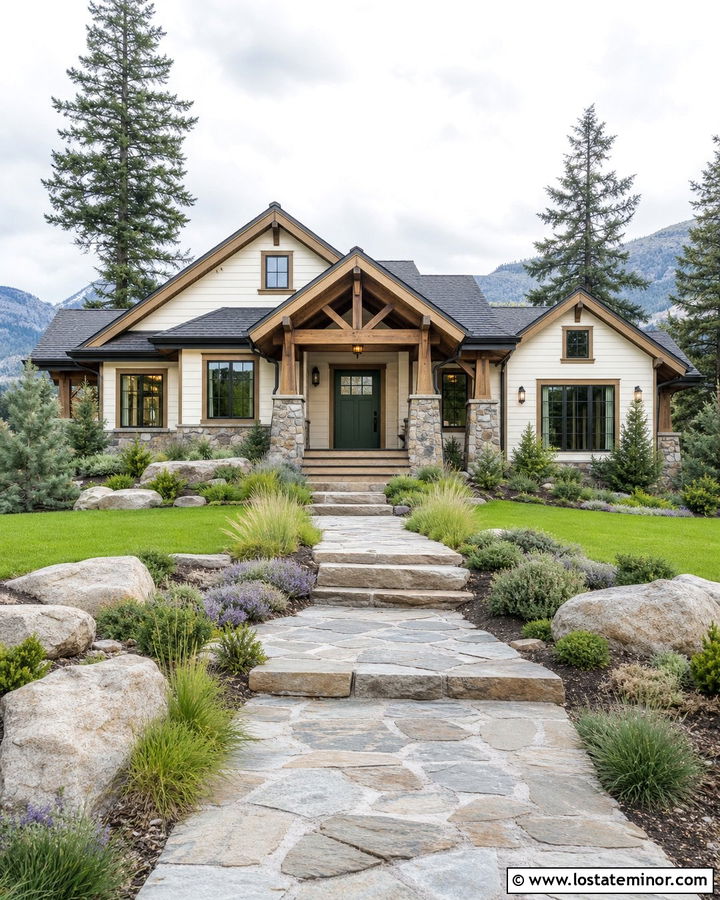 Warm White House With Natural Stone Steps - 30 Warm White House Design With Walkway Ideas