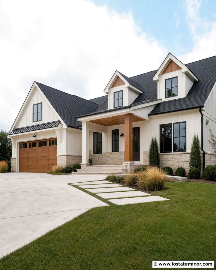 Warm White House With Natural Wood Dormers - 30 Warm White House Design With Dormers Ideas