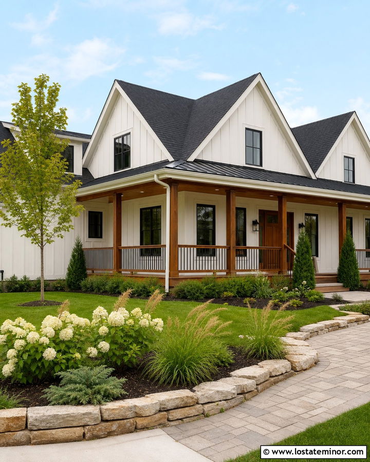 Warm White House With Natural Wood Porch - 30 Warm White House Design With Front Yard Ideas