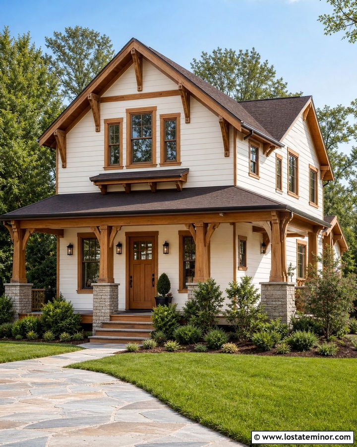 Warm White House With Natural Wood Trim - 30 Warm White House Design With Trim Ideas
