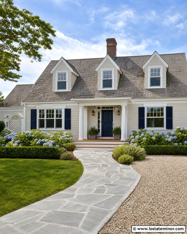 Warm White House With Navy Blue Entry Door - 30 Warm White House Design With Entry Door Ideas