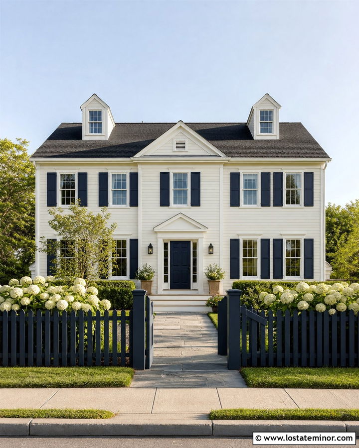Warm White House With Navy Blue Fence - 30 Warm White House Design With Fence Ideas