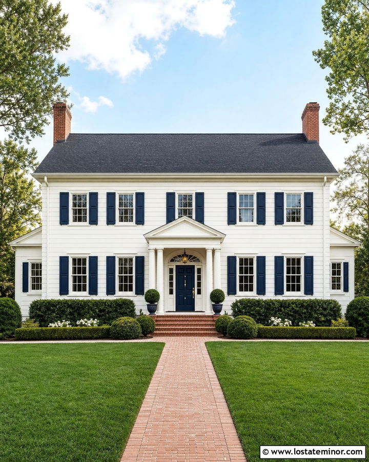 Warm White House With Navy Blue Trim - 30 Warm White House Design With Trim Ideas