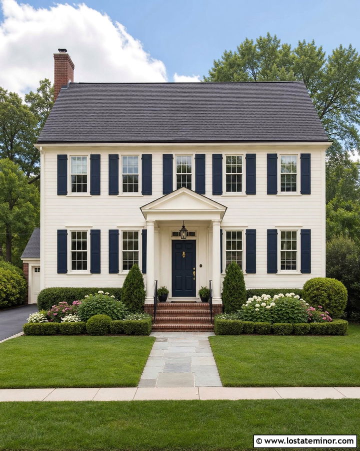 Warm White House With Navy Front Door - 30 Warm White House Design With Accents Ideas