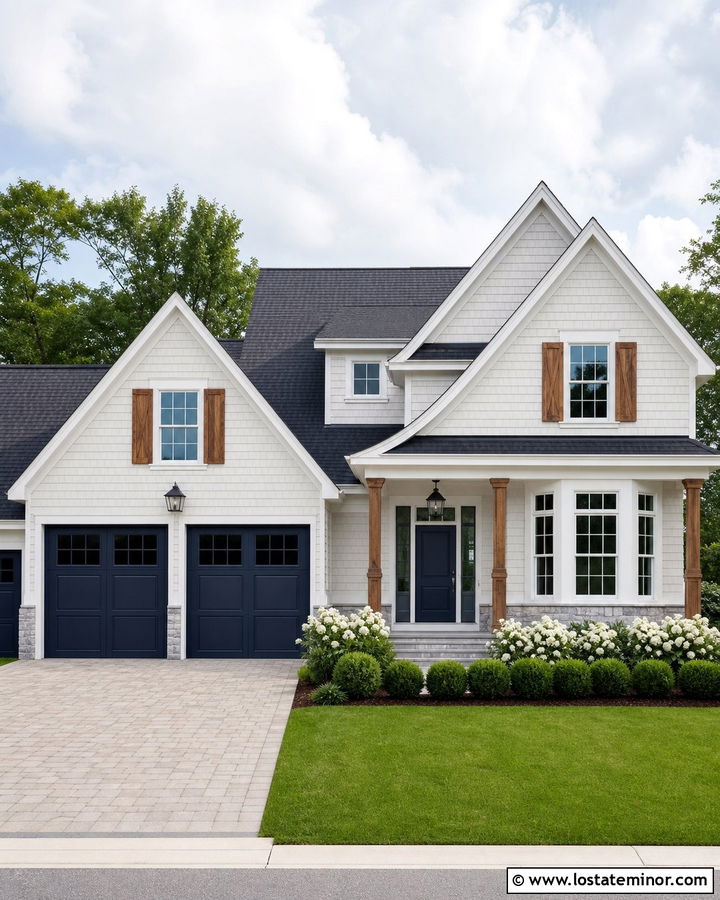 Warm White House With Navy Garage Door - 30 Warm White House Design With Garage Door Ideas