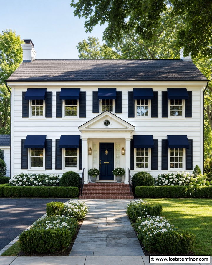 Warm White House With Navy Window Awnings - 30 Warm White House Design With Awning Ideas