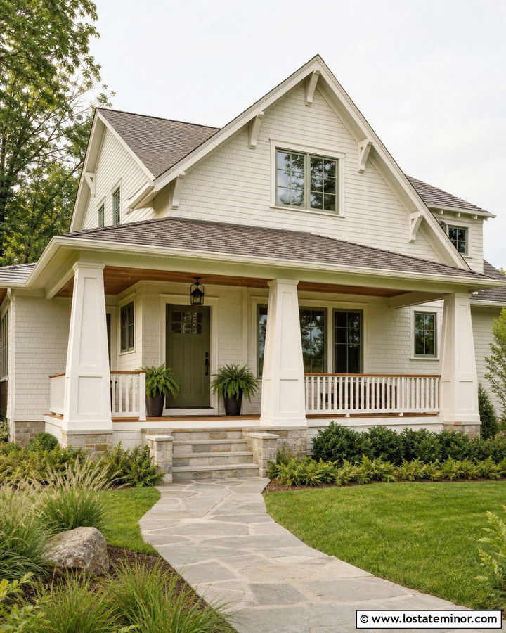 Warm White House With Olive Green Entry Door - 30 Warm White House Design With Entry Door Ideas