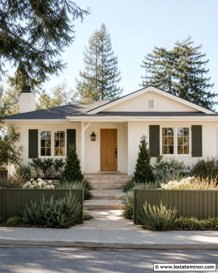 Warm White House With Olive Green Fence - 30 Warm White House Design With Fence Ideas