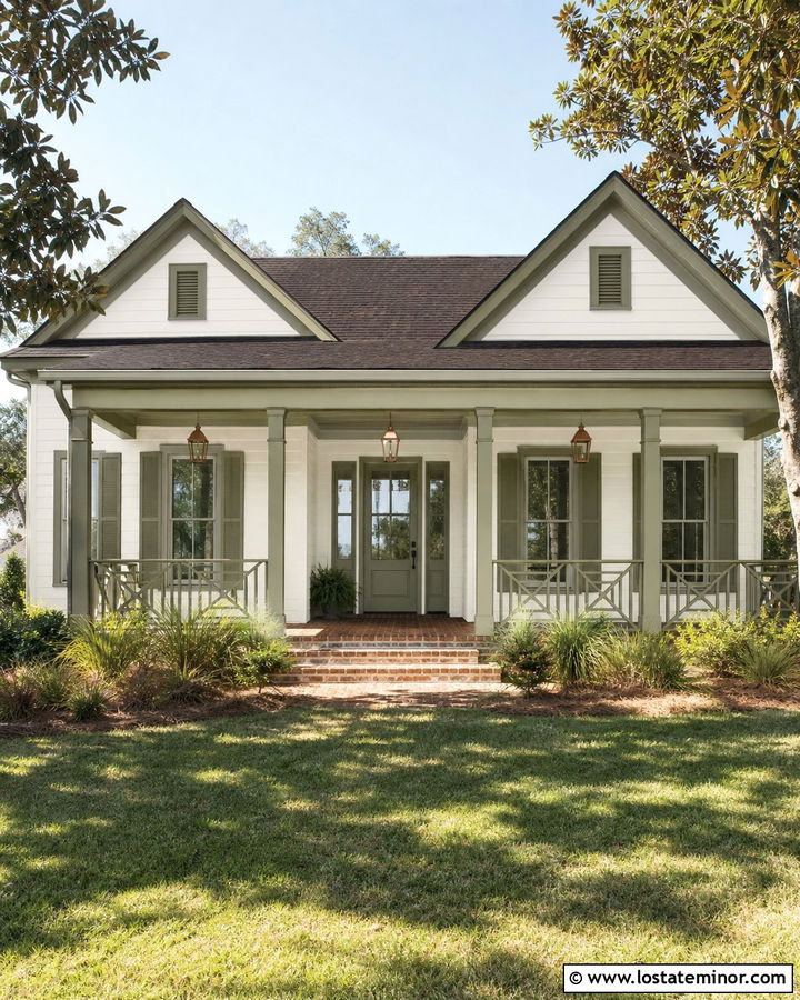 Warm White House With Olive Green Trim - 30 Warm White House Design With Trim Ideas