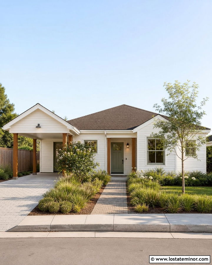 Warm White House With One Car Carport - 30 Warm White House Design With Carport Ideas
