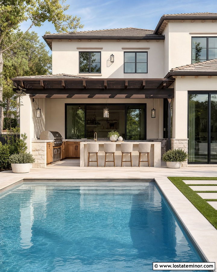 Warm White House With Outdoor Kitchen And Pool - 30 Warm White House Design With Swimming Pool Ideas
