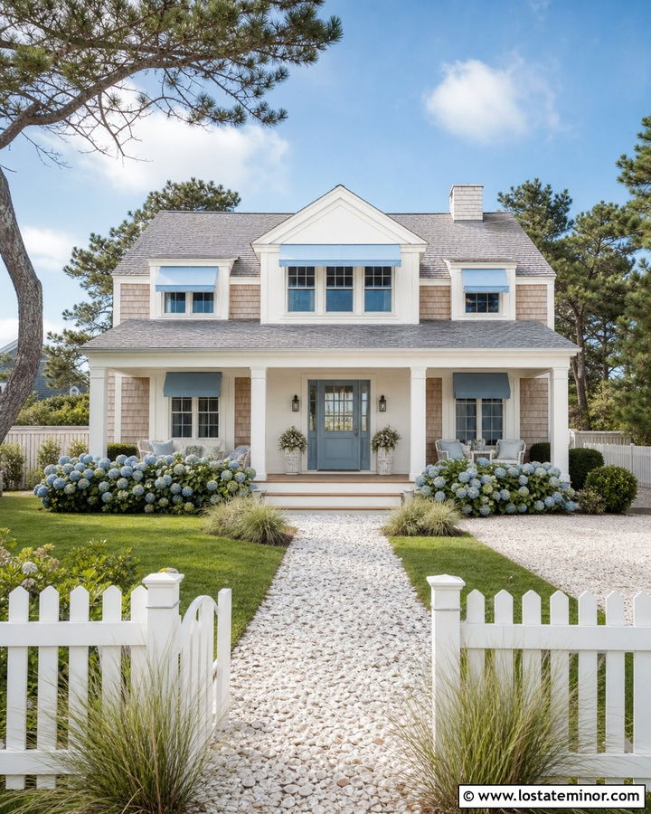 Warm White House With Pale Blue Canvas Awning - 30 Warm White House Design With Awning Ideas