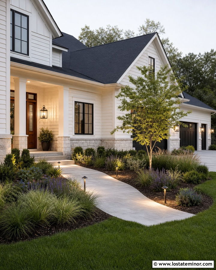 Warm White House With Path Lights And Lanterns - 30 Warm White House Design With Light Fixtures Ideas