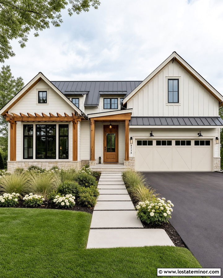 Warm White House With Pergola And Black Windows - 30 Warm White House Design With Pergola Ideas