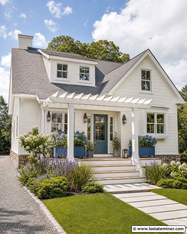 Warm White House With Pergola And Blue Door - 30 Warm White House Design With Pergola Ideas