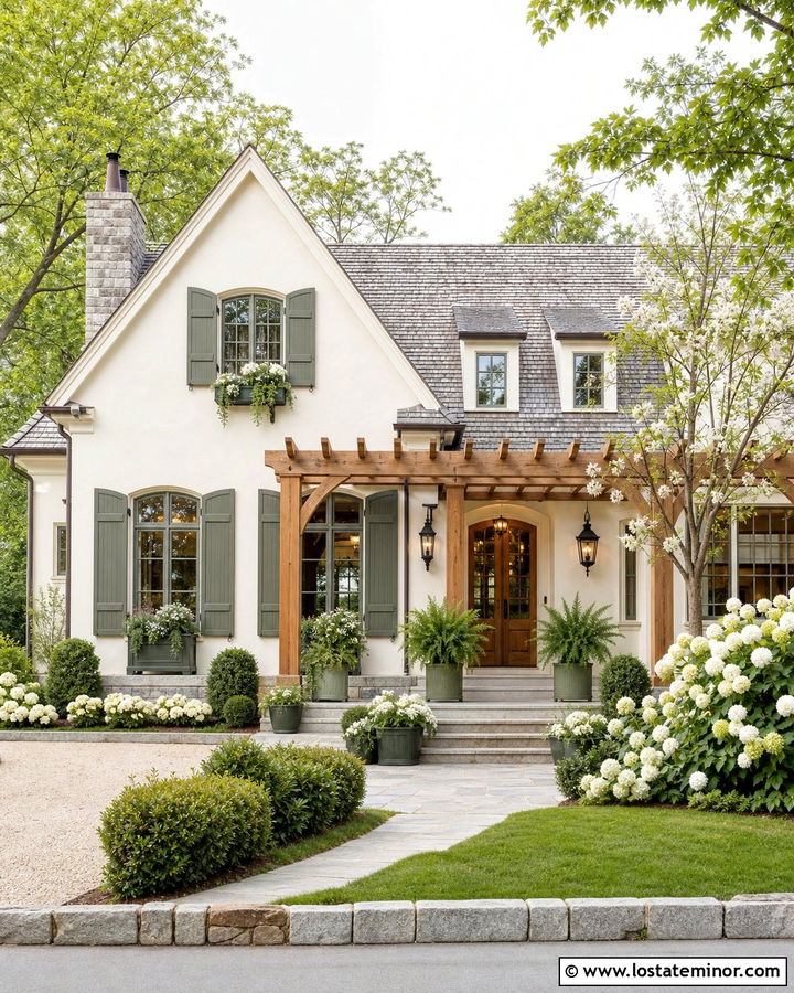 Warm White House With Pergola And Green Shutters - 30 Warm White House Design With Pergola Ideas
