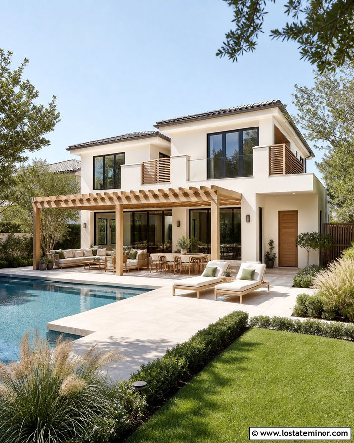 Warm White House With Pergola And Pool Patio - 30 Warm White House Design With Pergola Ideas
