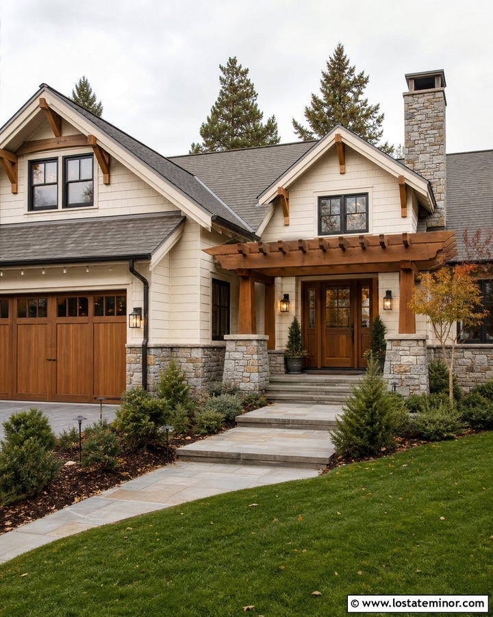 Warm White House With Pergola And Stone Columns - 30 Warm White House Design With Pergola Ideas