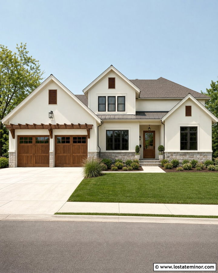 Warm White House With Pergola And Wood Garage Doors - 30 Warm White House Design With Pergola Ideas