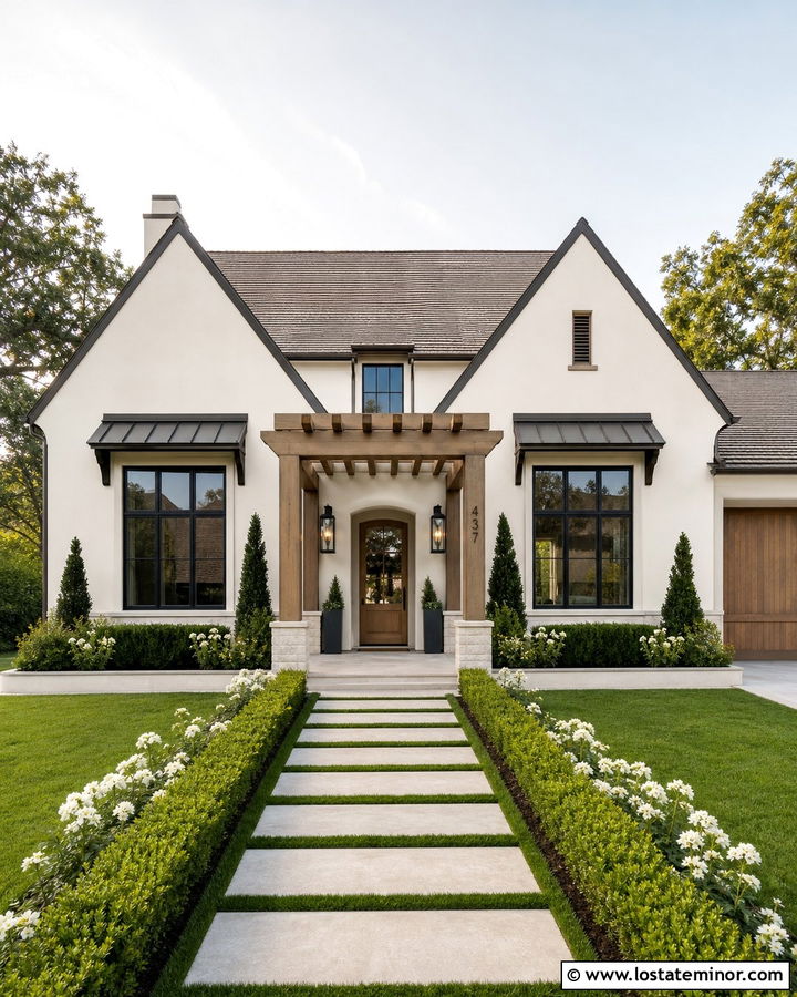 Warm White House With Pergola Front Entry - 30 Warm White House Design With Pergola Ideas