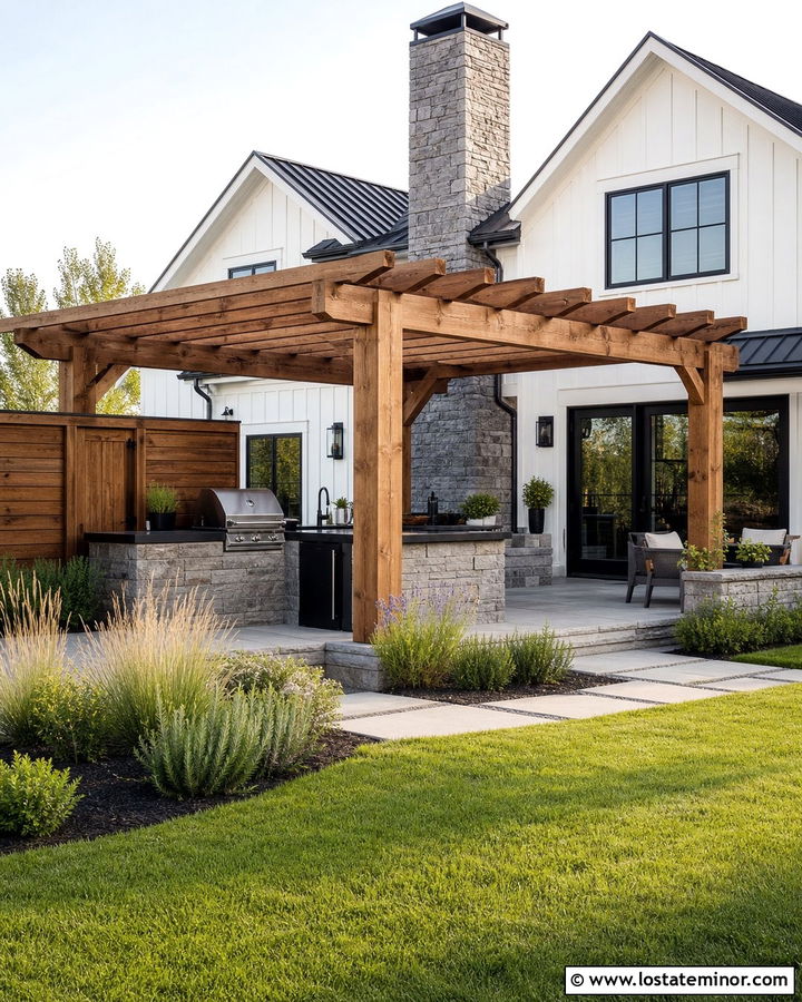 Warm White House With Pergola Outdoor Kitchen - 30 Warm White House Design With Pergola Ideas