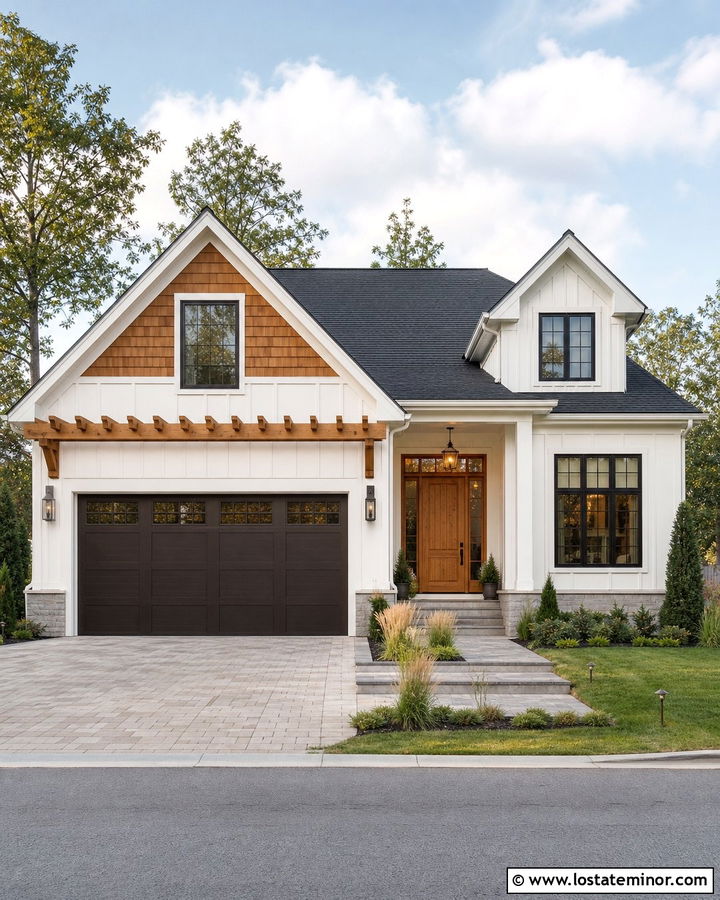 Warm White House With Pergola Over Garage - 30 Warm White House Design With Pergola Ideas