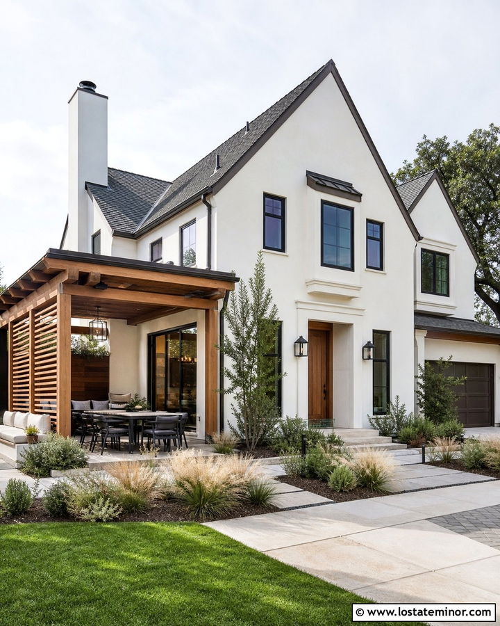 Warm White House With Pergola Patio - 30 Warm White House Design With Pergola Ideas