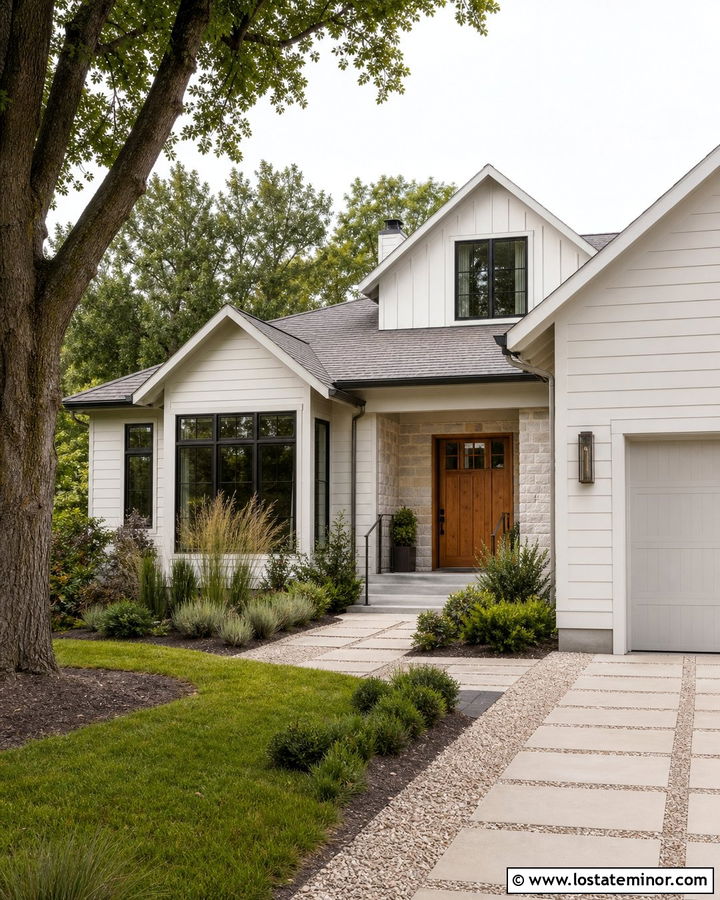 Warm White House With Permeable Paver Walkway - 30 Warm White House Design With Walkway Ideas