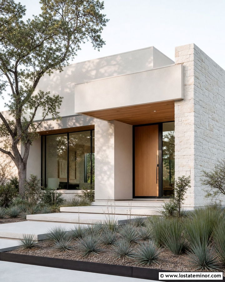 Warm White House With Pivot Wood Entry Door - 30 Warm White House Design With Entry Door Ideas