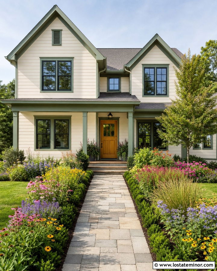 Warm White House With Pollinator Garden - 30 Warm White House Design With Front Yard Ideas