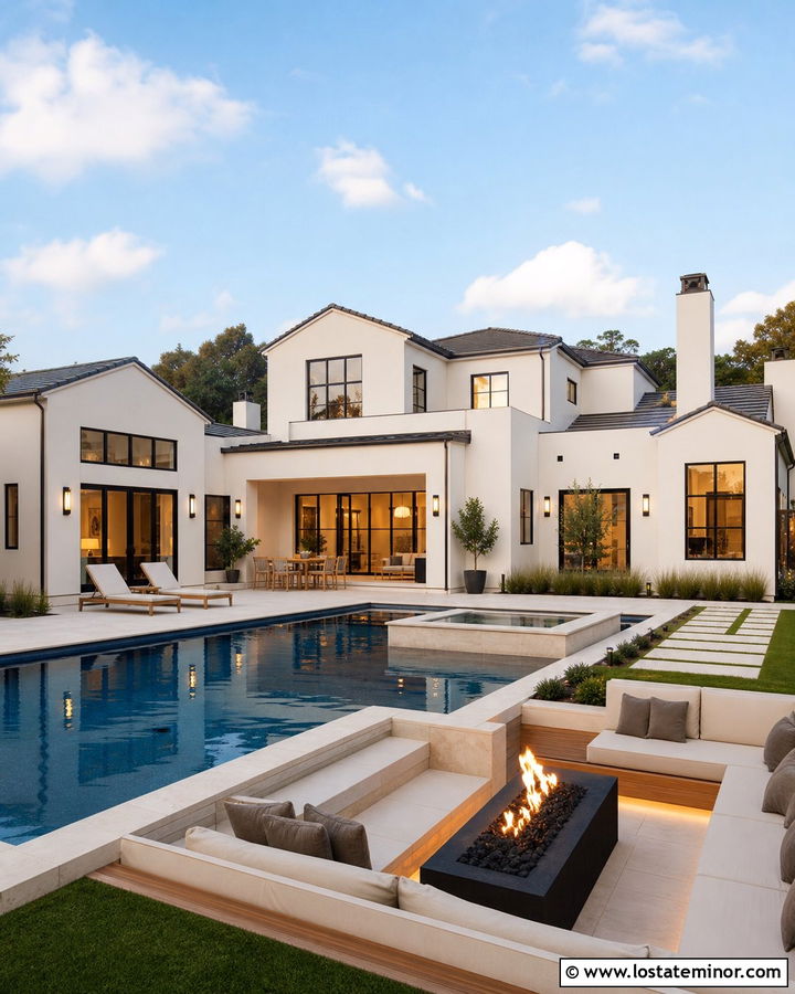Warm White House With Pool And Fire Feature - 30 Warm White House Design With Swimming Pool Ideas