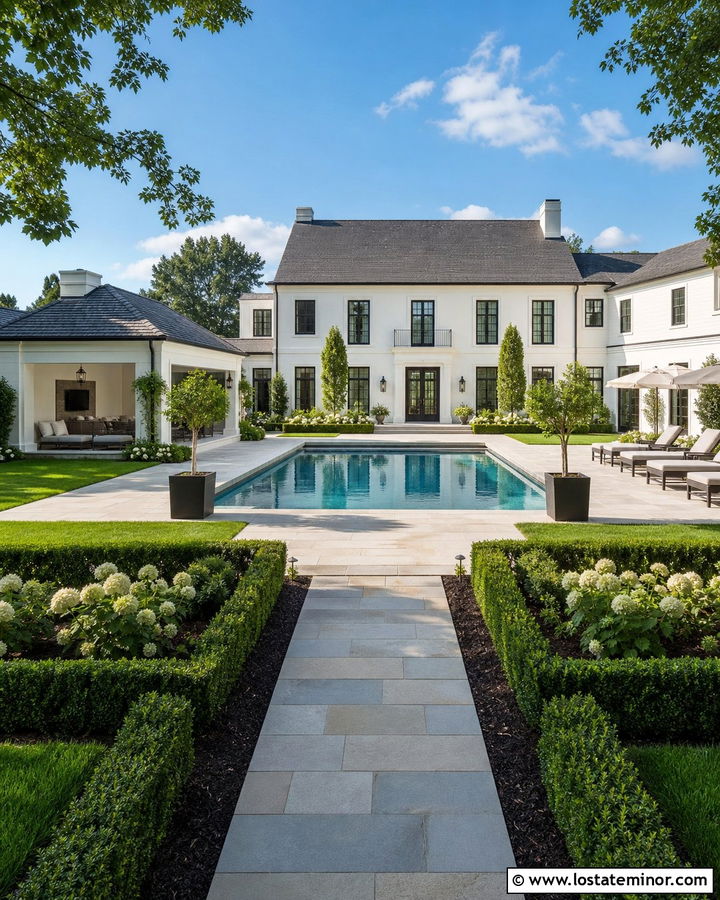Warm White House With Pool House Pavilion - 30 Warm White House Design With Swimming Pool Ideas