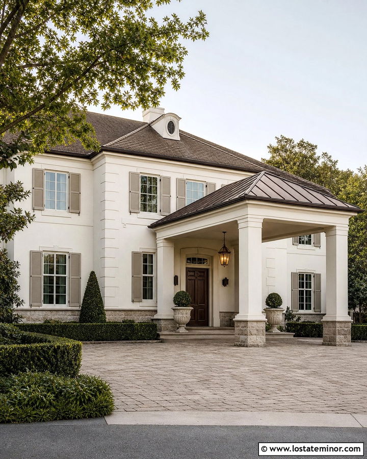 Warm White House With Porte Cochere - 30 Warm White House Design With Carport Ideas