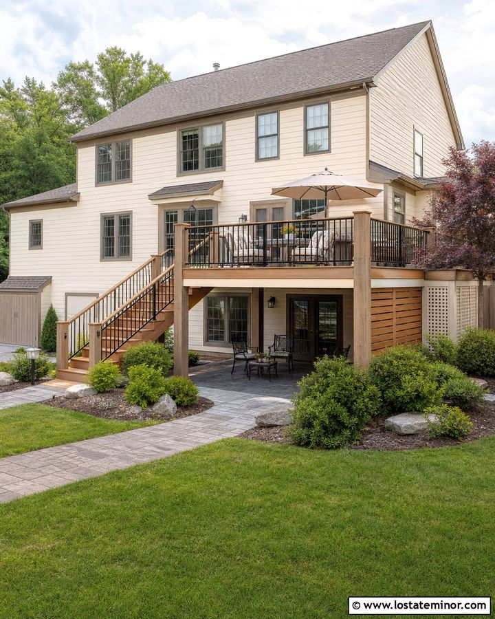 Warm White House With Raised Backyard Deck - 30 Warm White House Design With Backyard Ideas