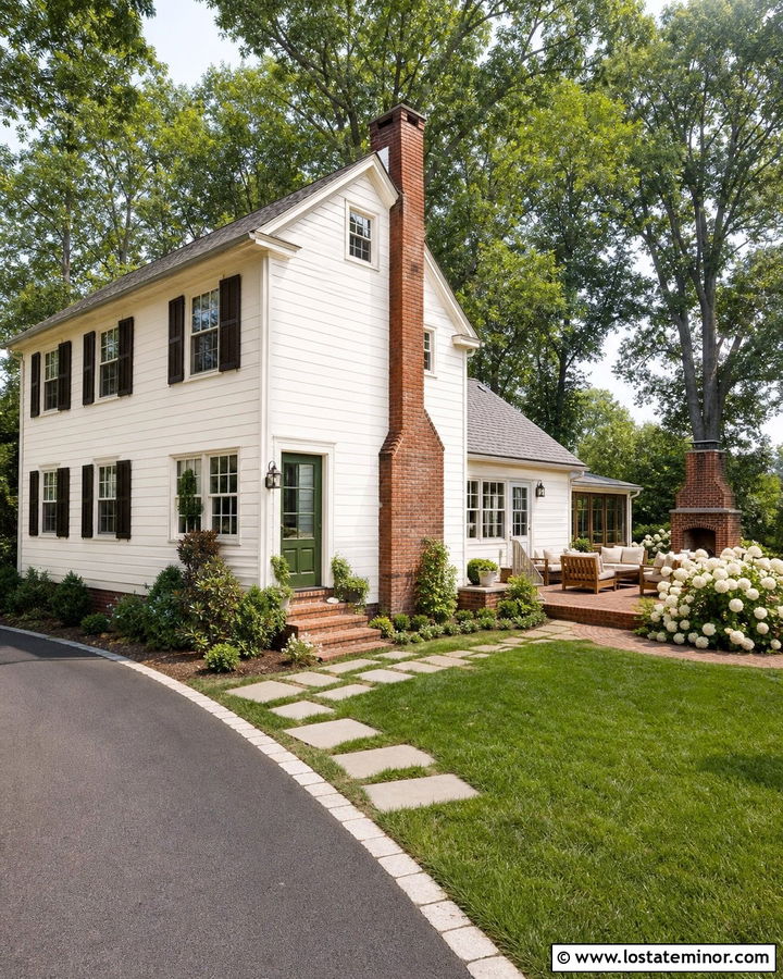 Warm White House With Red Brick Accents - 30 Warm White House Design With Backyard Ideas