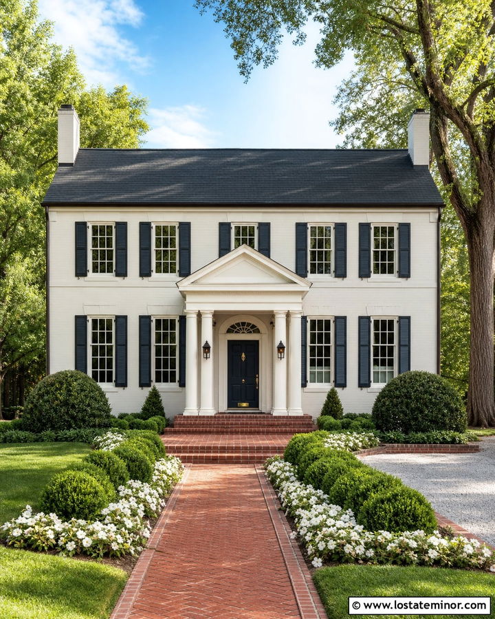 Warm White House With Red Brick Portico Steps - 30 Warm White House Design With Portico Ideas