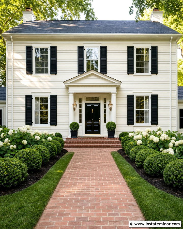 Warm White House With Red Brick Walkway - 30 Warm White House Design With Walkway Ideas