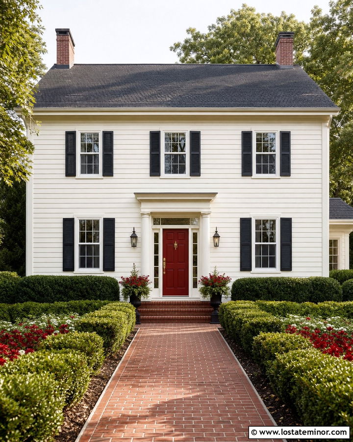 Warm White House With Red Entry Door - 30 Warm White House Design With Entry Door Ideas