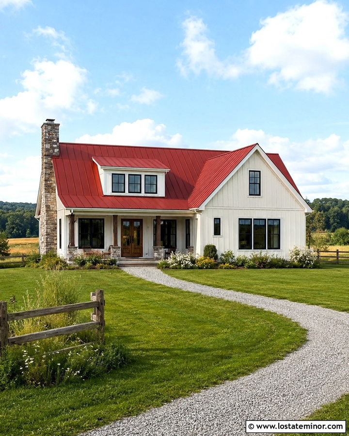 Warm White House With Red Metal Roof - 30 Warm White House Design With Roof Ideas