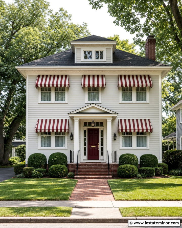 Warm White House With Red Striped Awning - 30 Warm White House Design With Awning Ideas