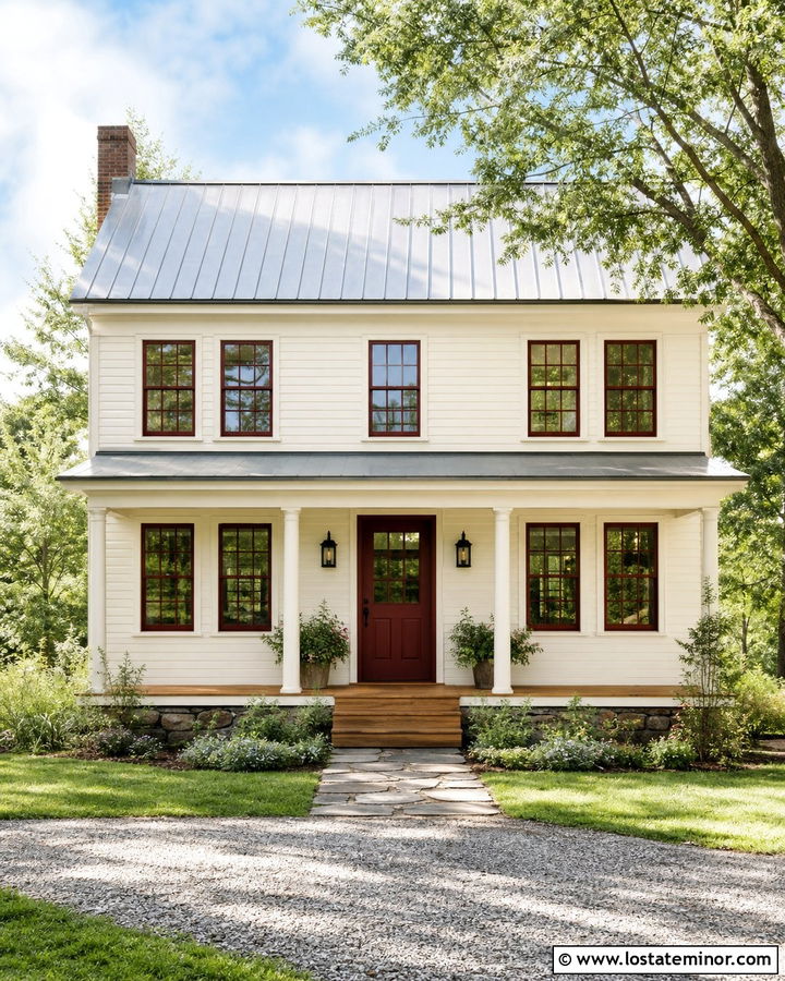 Warm White House With Red Window Frames - 30 Warm White House Design With Window Frames Ideas