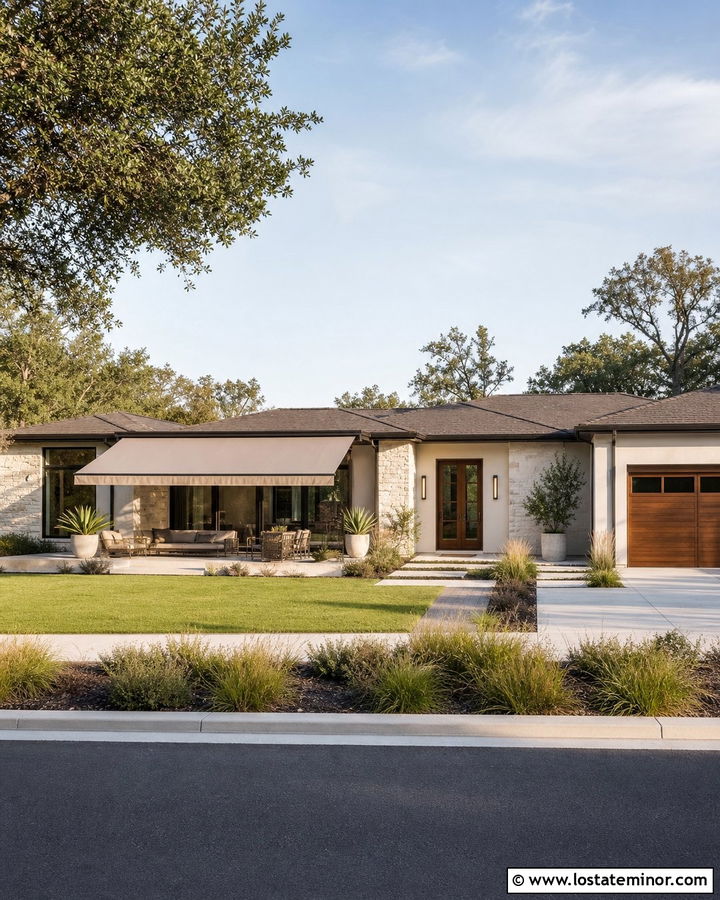 Warm White House With Retractable Patio Awning - 30 Warm White House Design With Awning Ideas