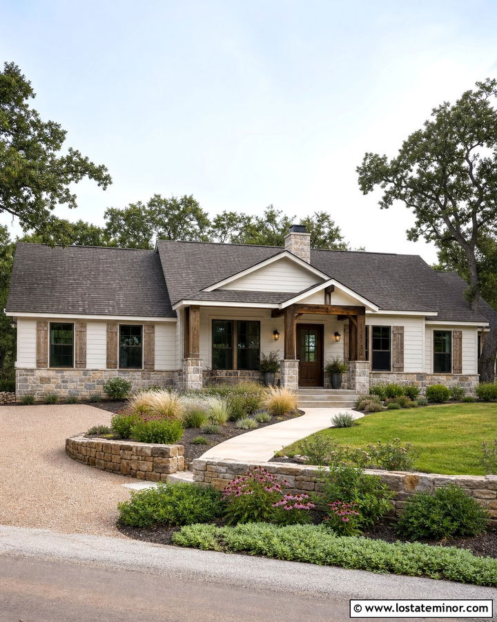 Warm White House With Rustic Stone Front Yard - 30 Warm White House Design With Front Yard Ideas