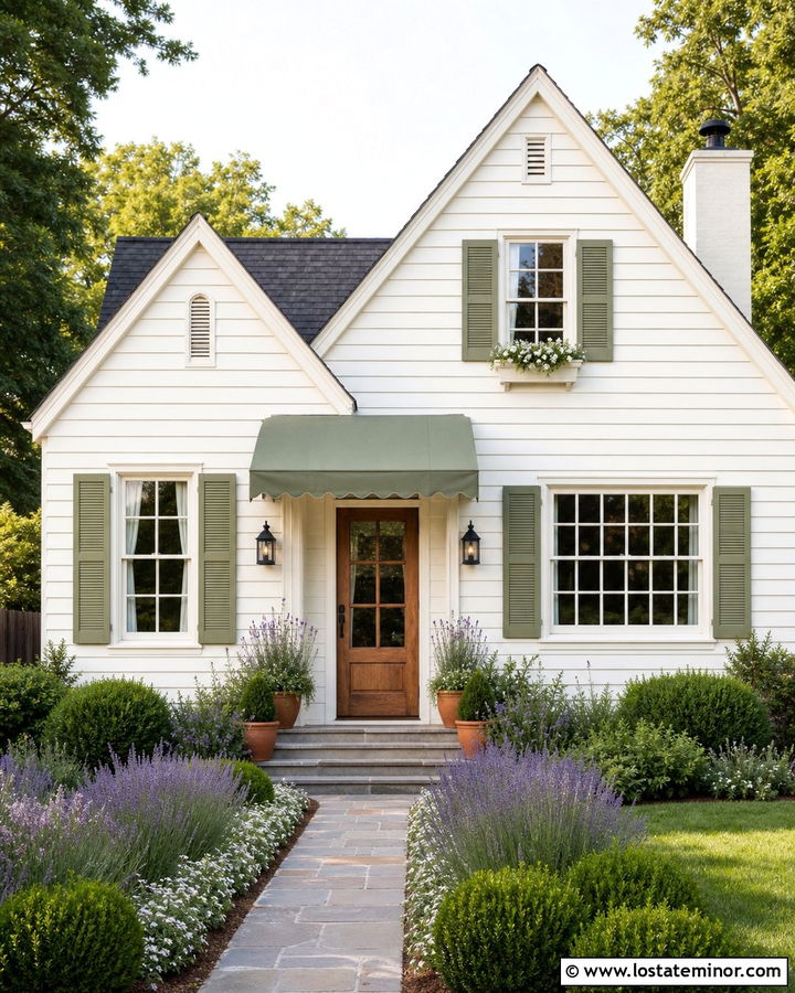 Warm White House With Sage Green Awning - 30 Warm White House Design With Awning Ideas