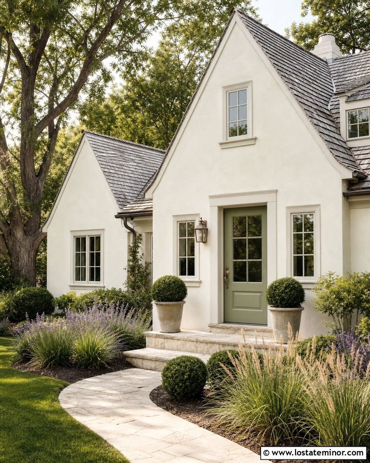 Warm White House With Sage Green Entry Door - 30 Warm White House Design With Entry Door Ideas