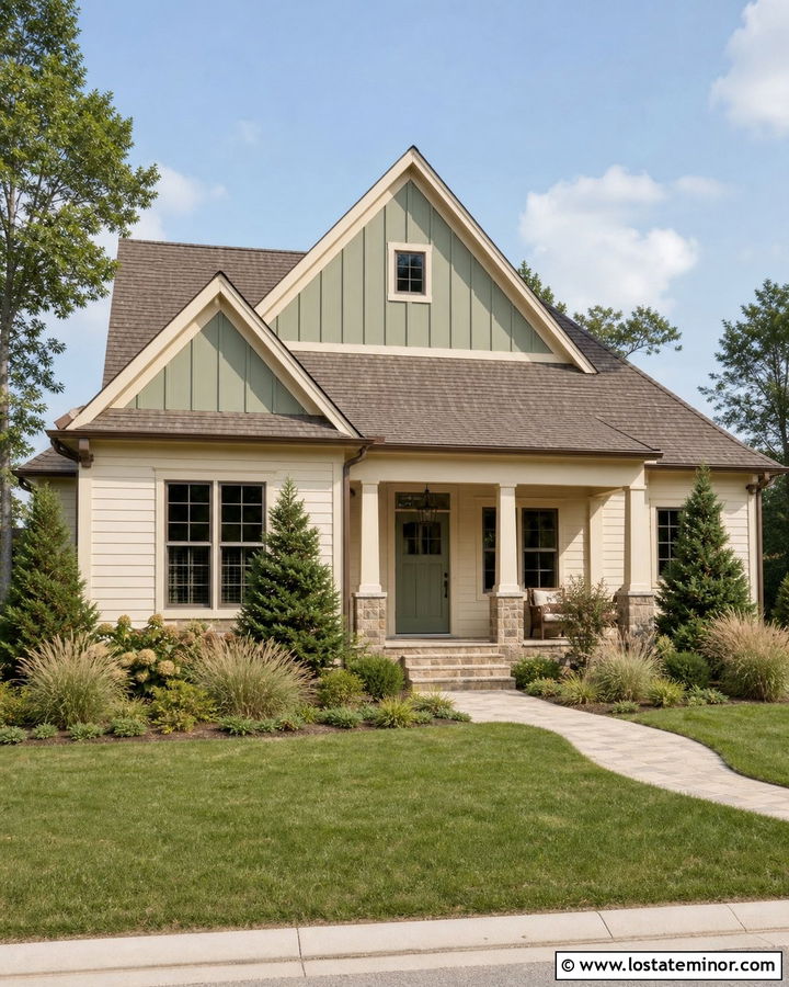 Warm White House With Sage Green Gables - 30 Warm White House Design With Gables Ideas