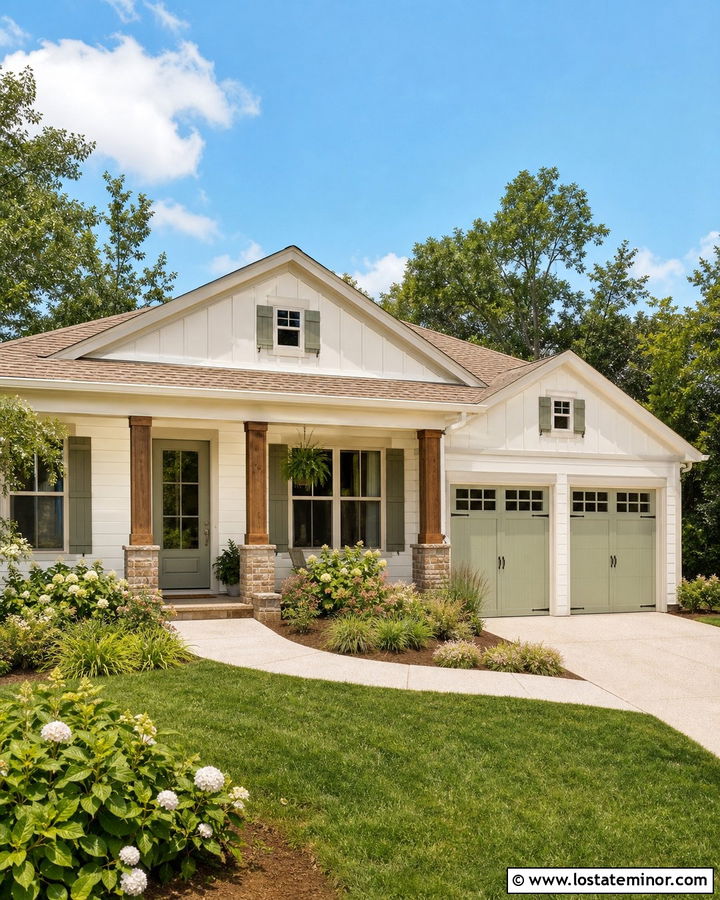 Warm White House With Sage Green Garage Door - 30 Warm White House Design With Garage Door Ideas